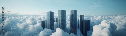 Modern skyscrapers rising above clouds, showcasing urban architecture in a serene sky.