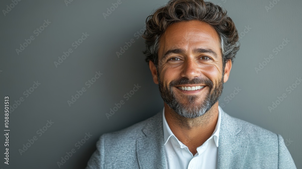 Businessman smiling and pointing confidently at a blank white background. Businessman smiling and pointing confidently at a blank white background.