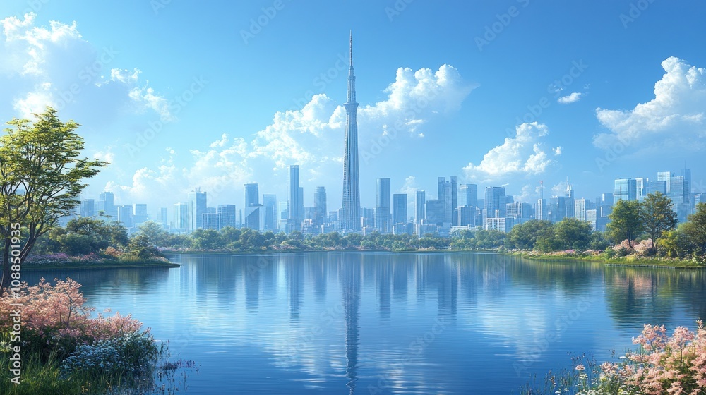 Naklejka premium A vibrant city skyline reflected in a serene lake under a blue sky.