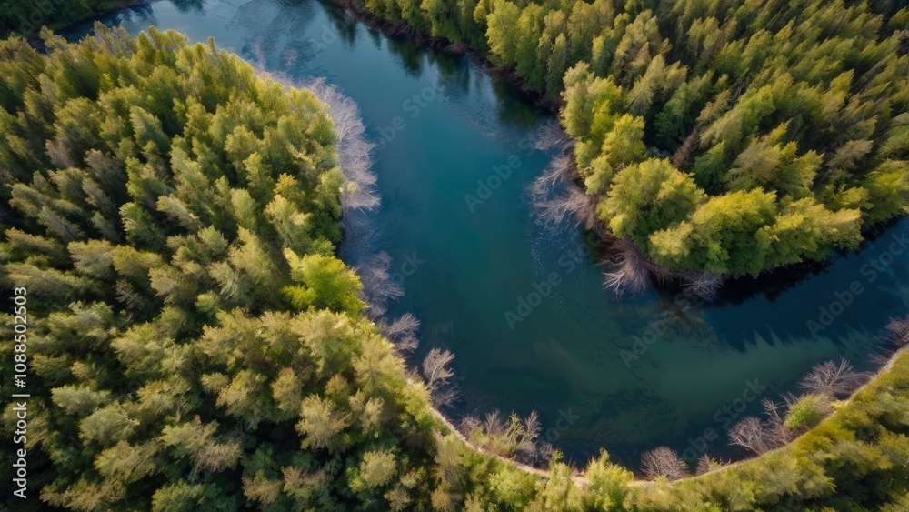 Aerial View of a Meandering River through a Forest - generative ai Aerial View of a Meandering River through a Forest - generative ai