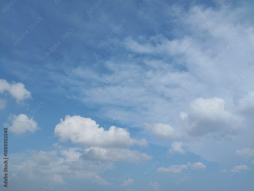 The clear blue sky with scattered white clouds evokes a sense of calmness and teanquilitty The clear blue sky with scattered white clouds evokes a sense of calmness and teanquilitty