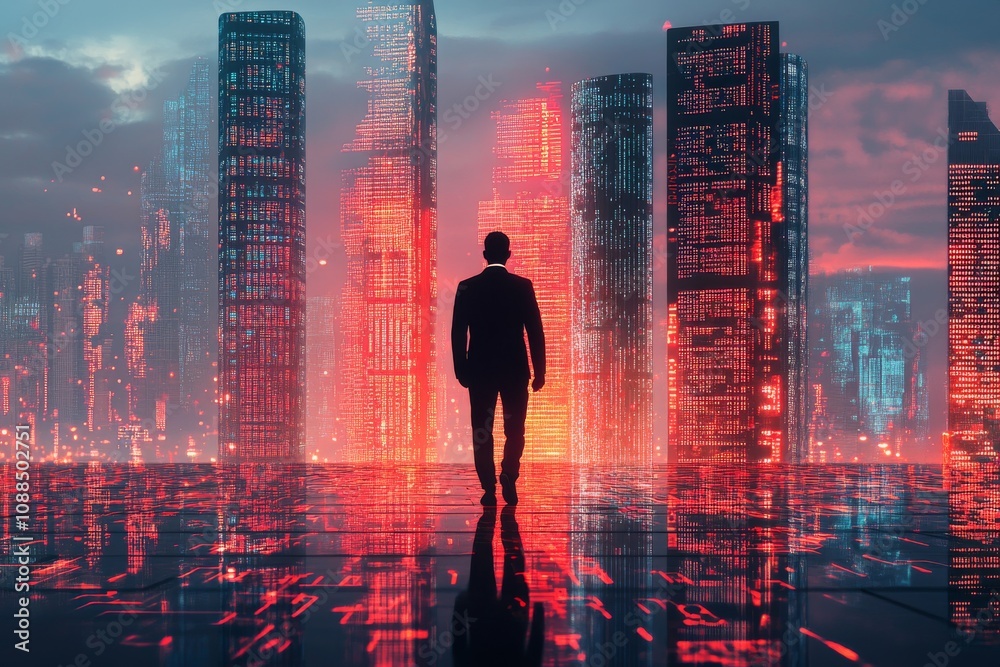 A lone businessman walks towards futuristic skyscrapers at night, illuminated with red neon lights, reflecting on a digital surface. A lone businessman walks towards futuristic skyscrapers at night, illuminated with red neon lights, reflecting on a digital surface.