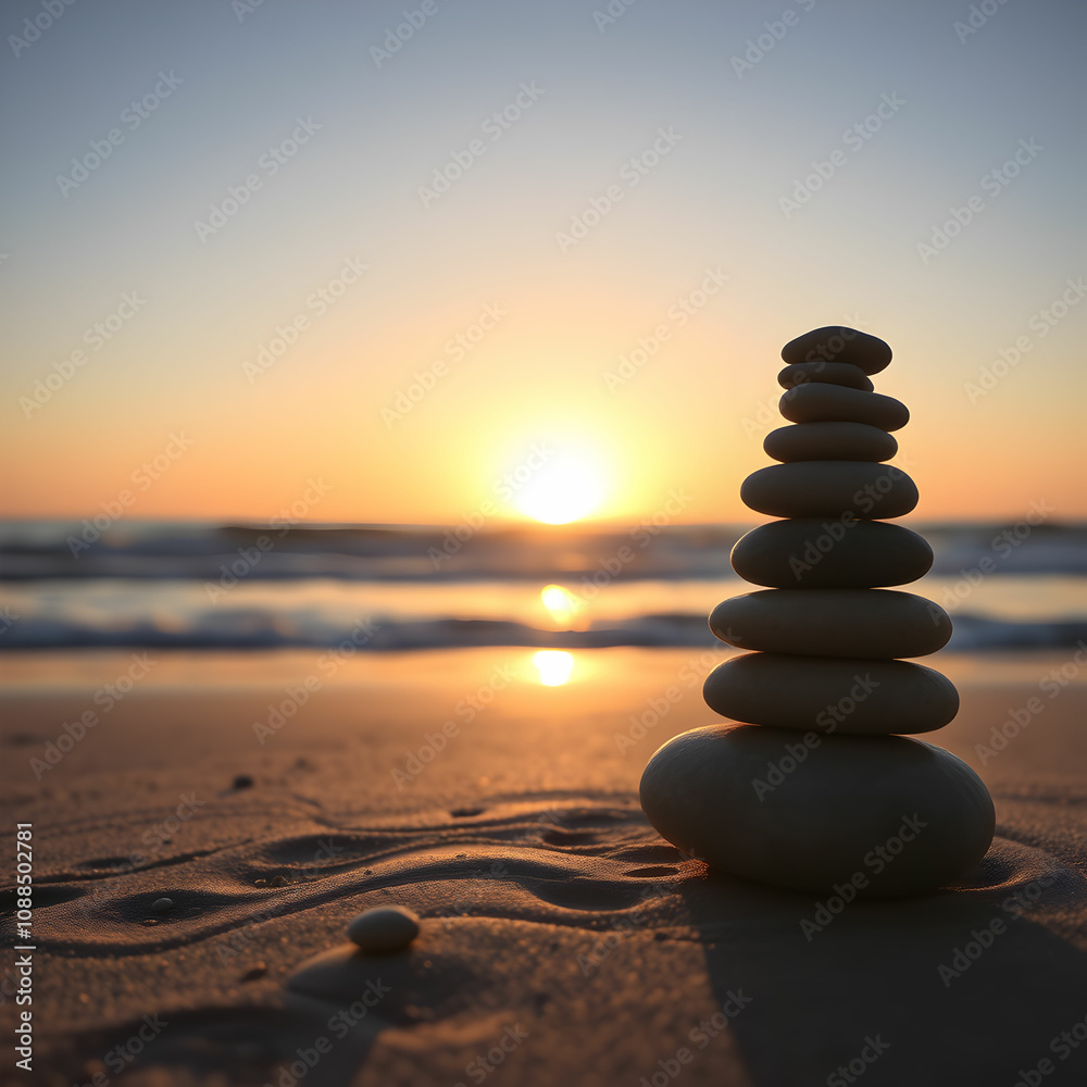 Zen stones balanced on the beach with copy space Sunrise light Meditation and relaxation Zen stones balanced on the beach with copy space Sunrise light Meditation and relaxation