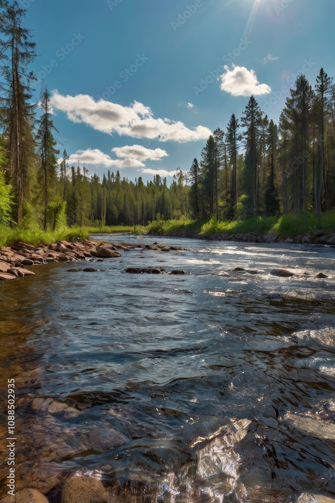 Sunny day on the taiga river - generative ai Sunny day on the taiga river - generative ai