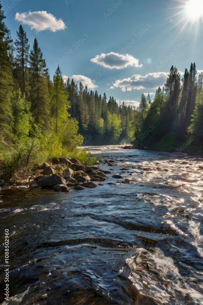 Sunny day on the taiga river - generative ai Sunny day on the taiga river - generative ai
