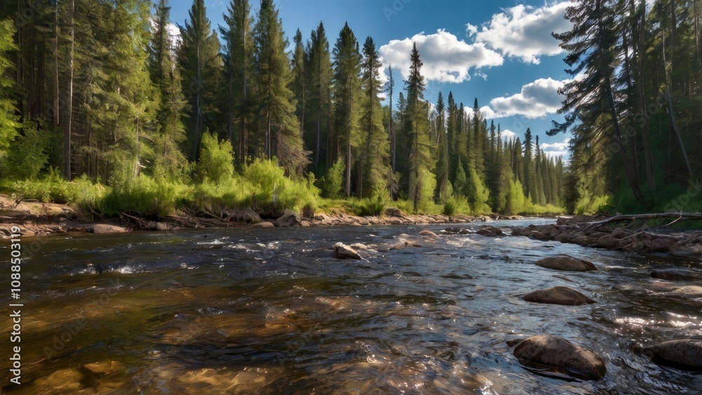 Sunny day on the taiga river - generative ai Sunny day on the taiga river - generative ai