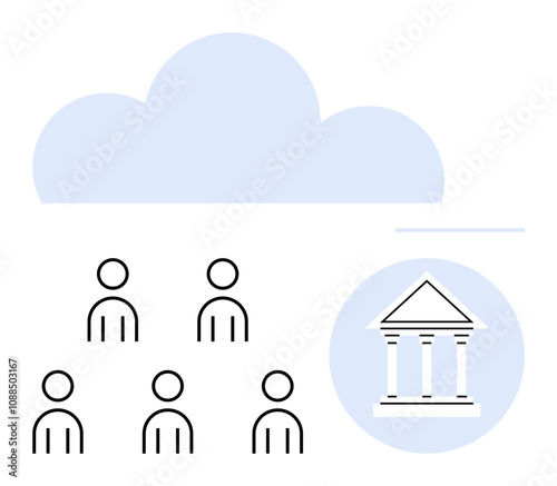 Human figures, cloud, and a building icon signify data storage, internet technology, governmental institutions, and community network. Ideal for depicting cloud computing, governance, data storage