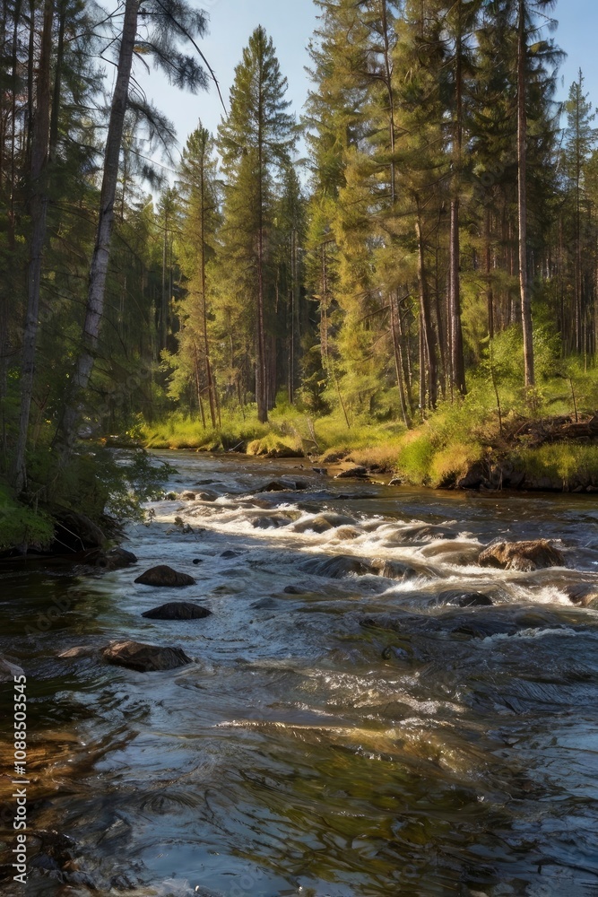 Sunny day on the taiga river - generative ai Sunny day on the taiga river - generative ai