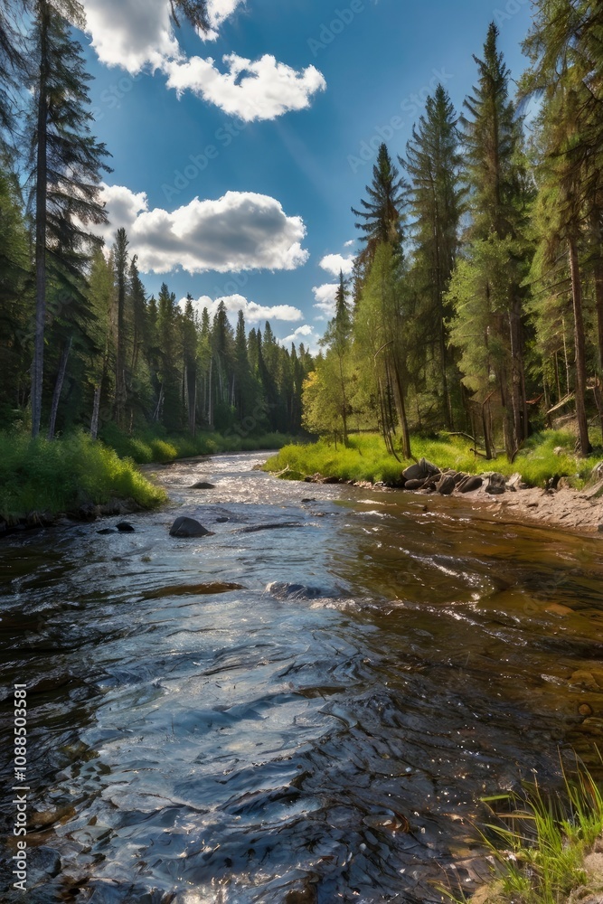 Sunny day on the taiga river - generative ai Sunny day on the taiga river - generative ai