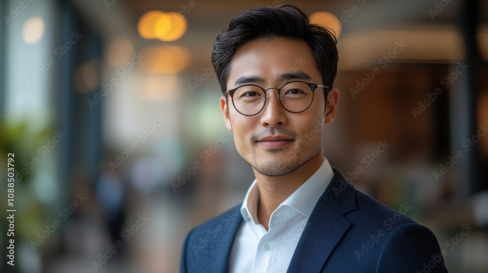 Asian businessman standing confidently in a bright office setting. Asian businessman standing confidently in a bright office setting.