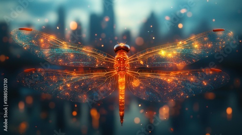 Glowing Dragonfly with a Blurred City Background