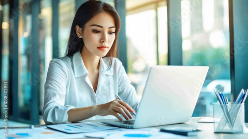 Asian businesswoman using laptop while analyzing reports in office.