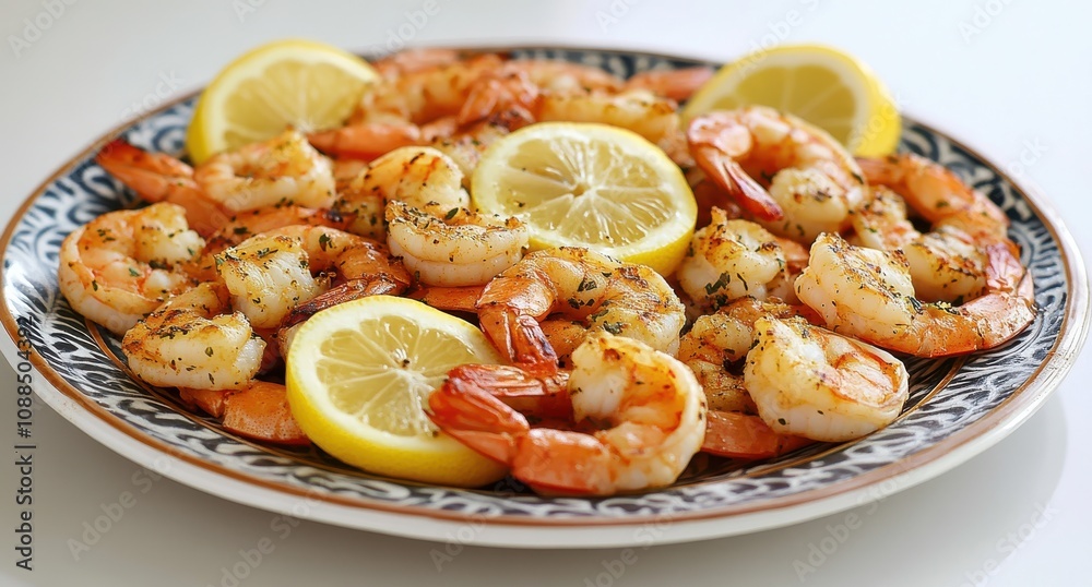 Deliciously Grilled Shrimp with Lemon Slices on a Decorative Plate, Perfectly Seasoned and Ready to Enjoy as an Appetizer or Main Course Dish Deliciously Grilled Shrimp with Lemon Slices on a Decorative Plate, Perfectly Seasoned and Ready to Enjoy as an Appetizer or Main Course Dish