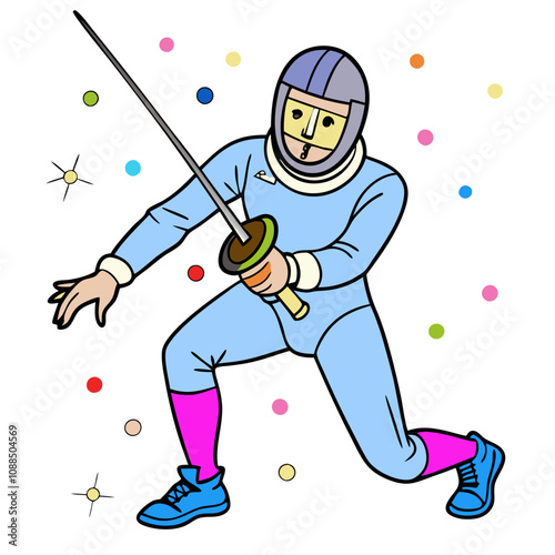 Fencer in Action: A vibrant illustration depicts a fencer in mid-lunge, showcasing the dynamic energy and precision of this Olympic sport. The colorful background adds a playful touch to the image.