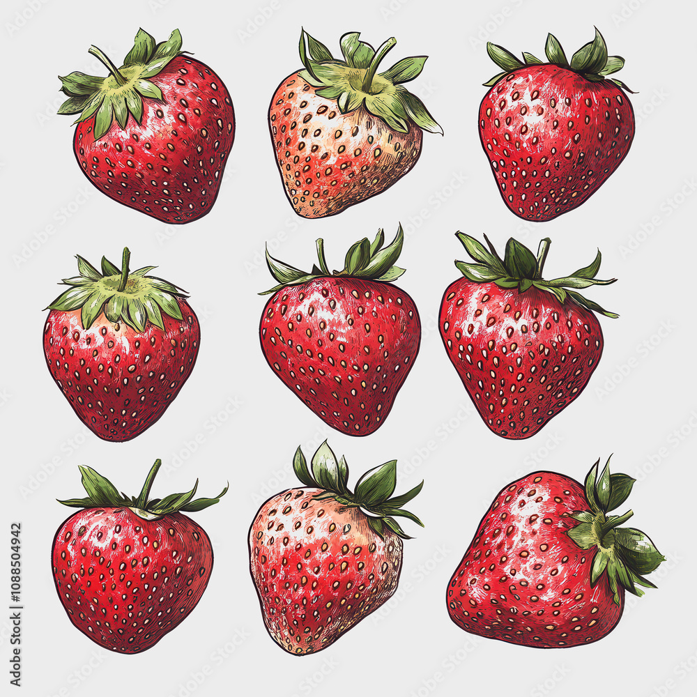 Vibrant Hand-Drawn Illustrations of Fresh Strawberries Capturing the Juicy Essence and Natural Beauty of This Popular Delicious Fruit