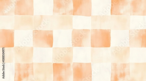 A soft, pastel gingham checkered pattern in light peach and cream, with alternating squares in a classic grid design. Each peach square has a delicate.