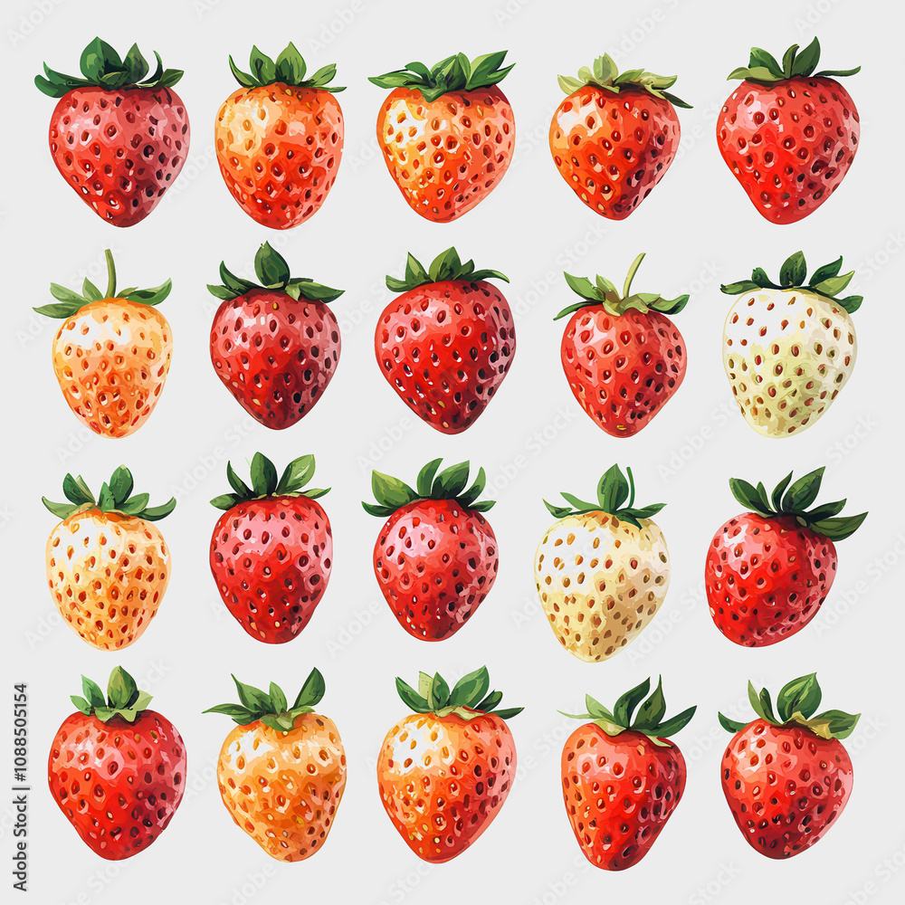 Colorful Hand-Drawn Illustrations of Strawberries on a Light Gray Background Showcasing Different Varieties of the Berry in a Charming and Artistic Manner