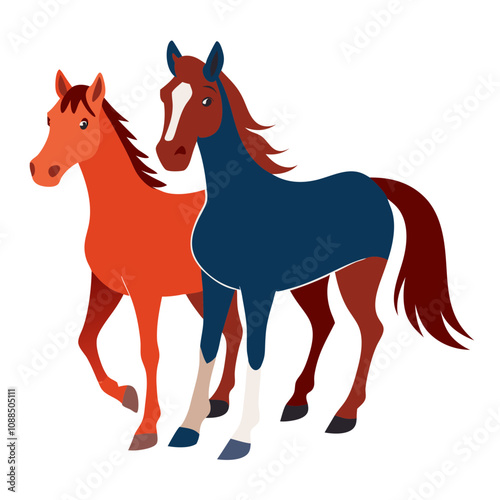 Friendly Horse Duo: A charming illustration of two horses, one reddish-brown and the other dark blue, standing side-by-side in a friendly pose. Perfect for children's books, websites, and more. 