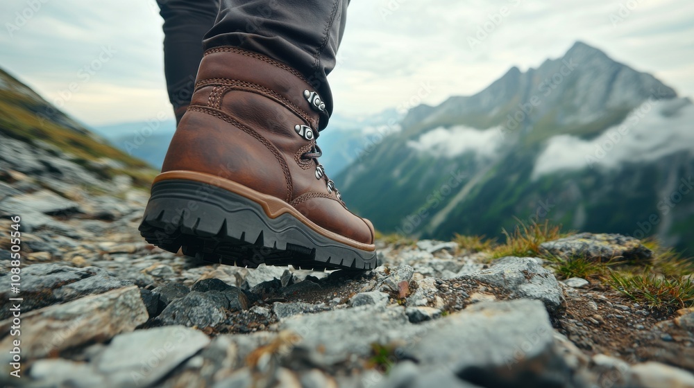 Hiking boots on rocky trail in majestic mountain landscape, showcasing adventure and exploration with nature's beauty in the background. Hiking boots on rocky trail in majestic mountain landscape, showcasing adventure and exploration with nature's beauty in the background.