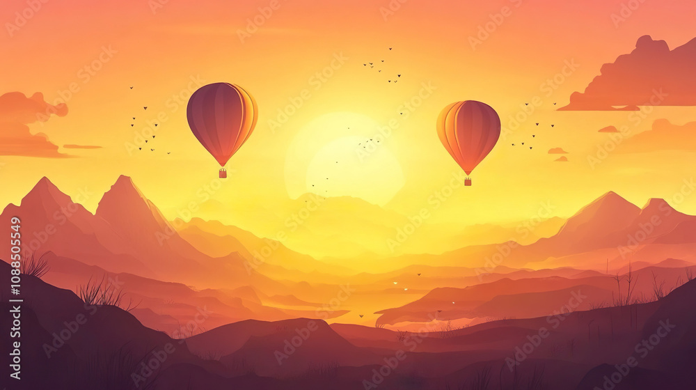 beautiful inspirational sunrise landscape with hot air balloons in sky, nature travel destination, scenic view banner background beautiful inspirational sunrise landscape with hot air balloons in sky, nature travel destination, scenic view banner background