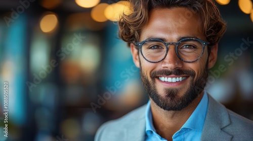 Portrait of a young businessman in a light blue background, holding a laptop and smiling.