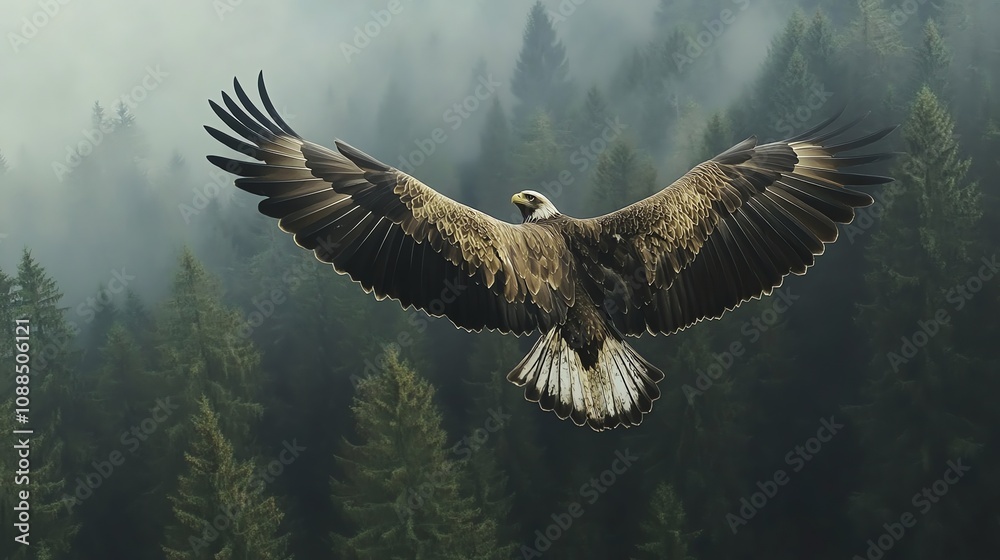A bald eagle soars above a misty forest, wings outstretched. A bald eagle soars above a misty forest, wings outstretched.