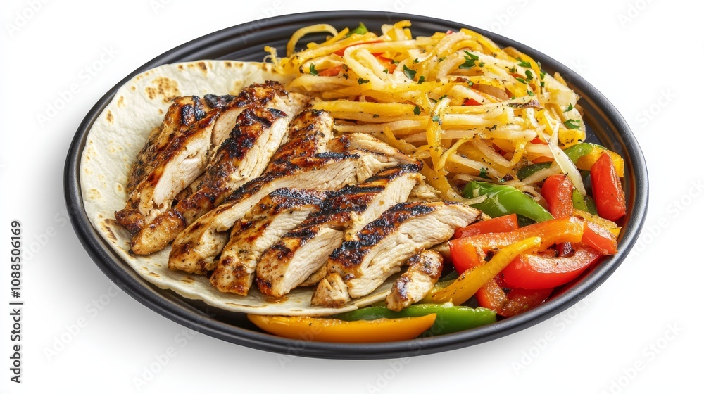 A plate of sizzling fajitas with tender strips of grilled chicken, sautéed peppers and onions, and warm tortillas A plate of sizzling fajitas with tender strips of grilled chicken, sautéed peppers and onions, and warm tortillas