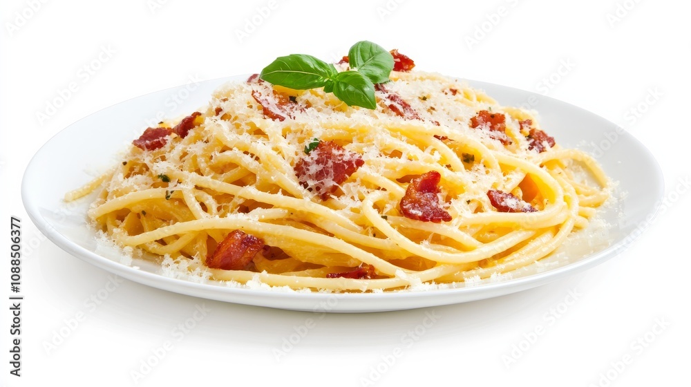 A plate of spaghetti carbonara with crispy bacon, creamy egg sauce, and grated Parmesan cheese A plate of spaghetti carbonara with crispy bacon, creamy egg sauce, and grated Parmesan cheese