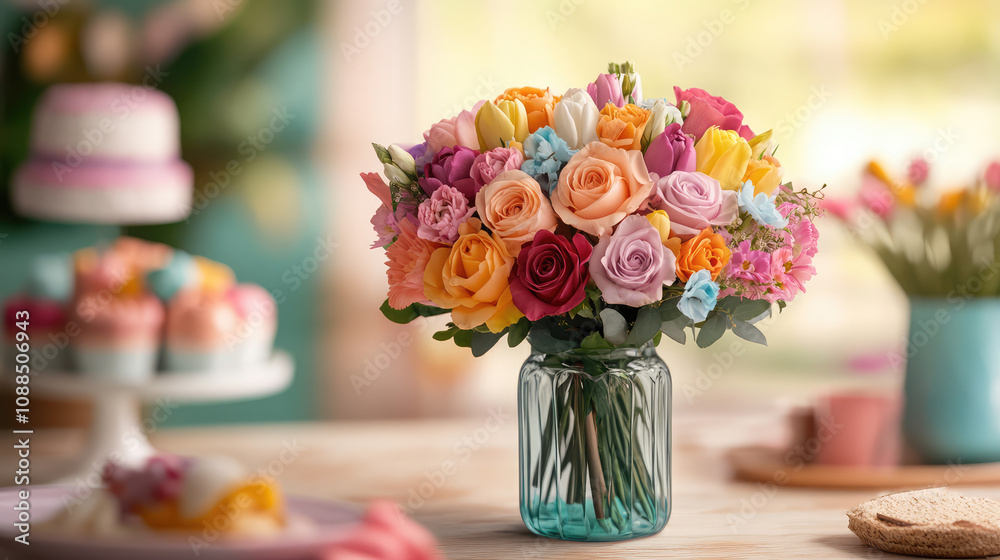 A vase of colorful flowers sits on a table next to a cake and a cupcake tower A vase of colorful flowers sits on a table next to a cake and a cupcake tower
