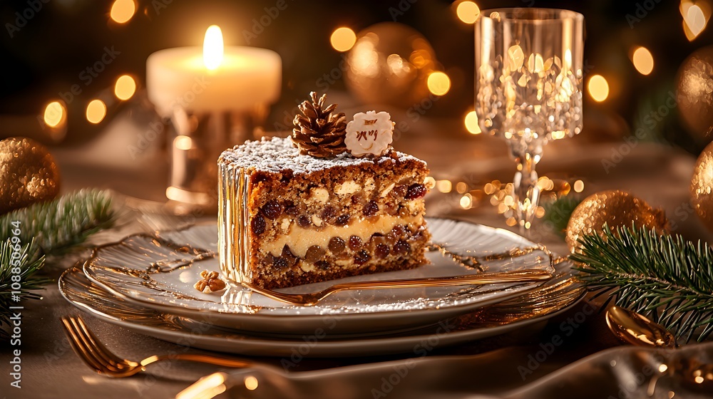 Fototapeta premium Richly textured fruitcake with nuts and spices, soft ambient lighting, surrounded by New Year's table settings, cozy holiday feel