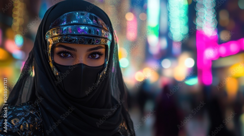 Cyberpunk Arabian Nights: A Woman in a futuristic niqab stands in a vibrant, neon-lit city.