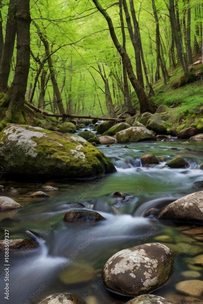 spring forest nature landscape, beautiful spring stream, river rocks in mountain forest - generative ai spring forest nature landscape, beautiful spring stream, river rocks in mountain forest - generative ai