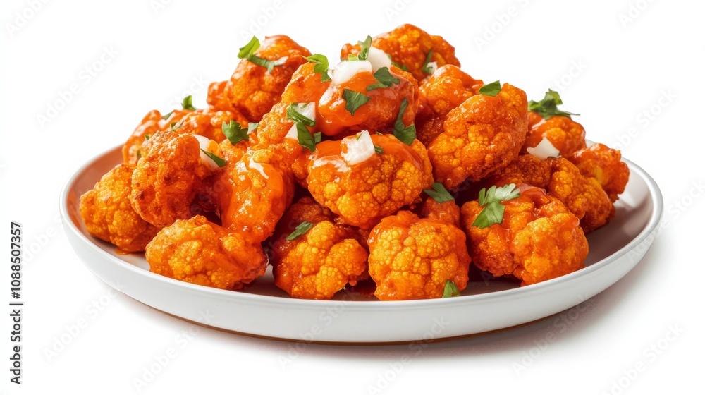 A plate of spicy buffalo cauliflower bites with crispy battered cauliflower florets tossed in buffalo sauce, Each bite bursting with bold and tangy flavors A plate of spicy buffalo cauliflower bites with crispy battered cauliflower florets tossed in buffalo sauce, Each bite bursting with bold and tangy flavors