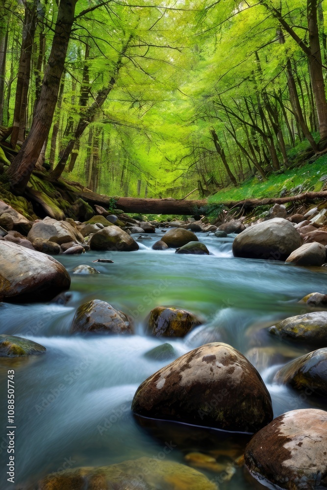 spring forest nature landscape, beautiful spring stream, river rocks in mountain forest - generative ai spring forest nature landscape, beautiful spring stream, river rocks in mountain forest - generative ai
