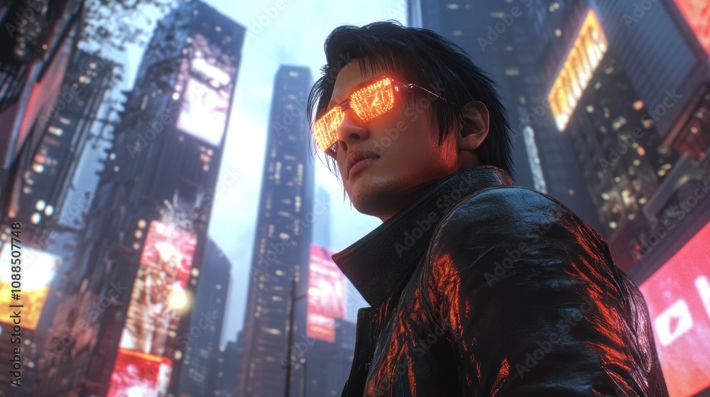 Obraz premium Cyberpunk Cityscape: A lone figure in futuristic urban landscape