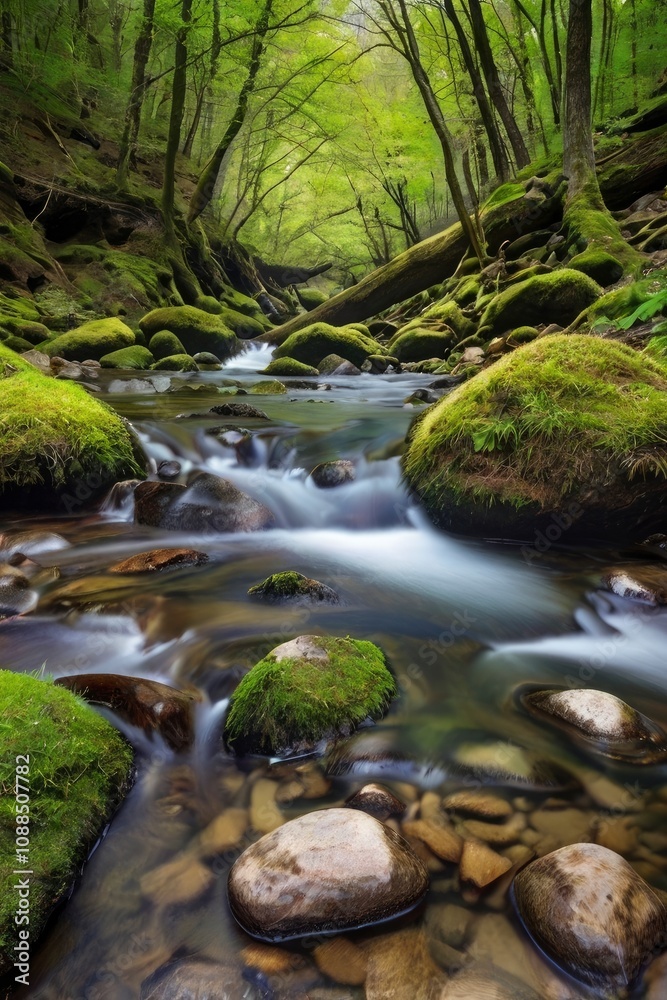 spring forest nature landscape, beautiful spring stream, river rocks in mountain forest - generative ai spring forest nature landscape, beautiful spring stream, river rocks in mountain forest - generative ai