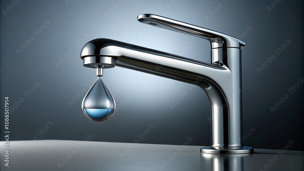 Aerial View of a Modern Minimalist Faucet with a Single Droplet of Water, Emphasizing the Importance of Conservation and Responsible Water Usage in Contemporary Design Aerial View of a Modern Minimalist Faucet with a Single Droplet of Water, Emphasizing the Importance of Conservation and Responsible Water Usage in Contemporary Design