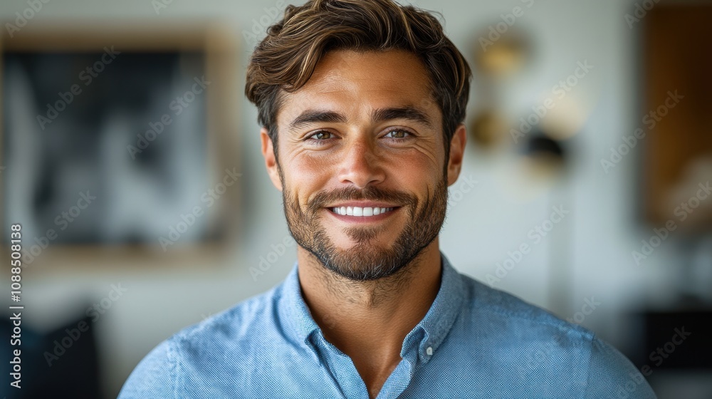 Stylish business portrait of a man in a blue shirt, smiling against a white background. Stylish business portrait of a man in a blue shirt, smiling against a white background.