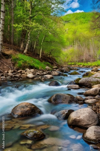 spring forest nature landscape, beautiful spring stream, river rocks in mountain forest - generative ai