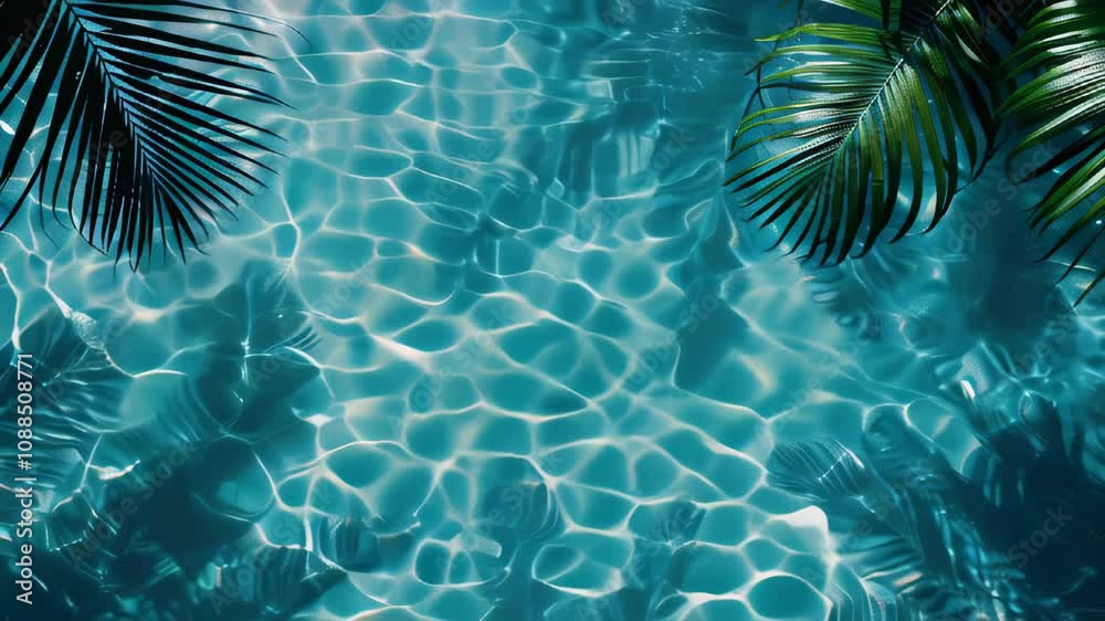 Crystal clear water reflects sunlight as tropical leaves sway gently above the serene pool
