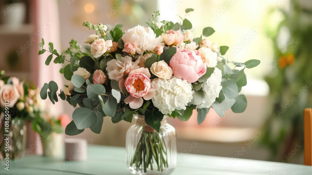 A vase of flowers sits on a table A vase of flowers sits on a table