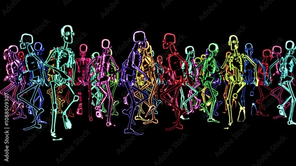 Vibrant neon skeletons dance to rhythm in a stunning visual experience