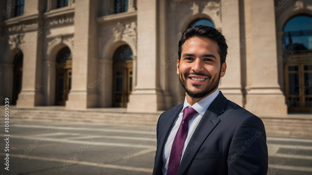 Confident Latino Lawyer in Suit Smiling at Work Confident Latino Lawyer in Suit Smiling at Work