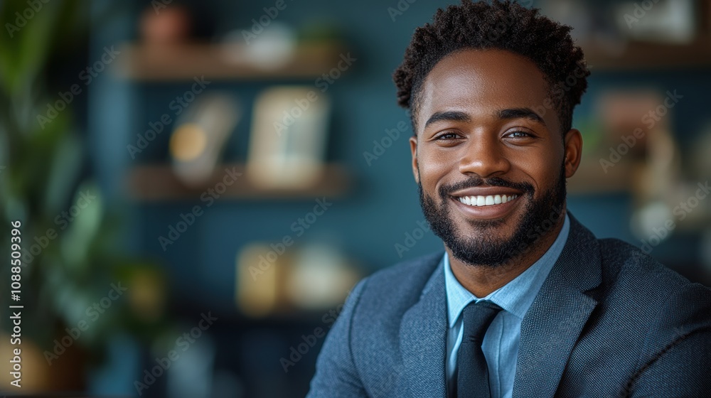 Obraz premium Smiling young professional in a suit, using a laptop, isolated against a light blue background.
