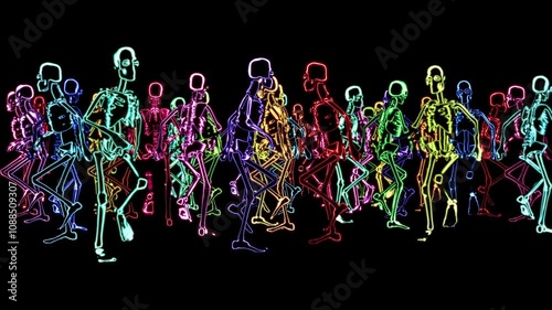 Vibrant neon skeletons dance to rhythm in a stunning visual experience