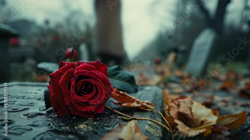 Visiting a cemetery in autumn with a red rose laid on a gravestone during a somber moment