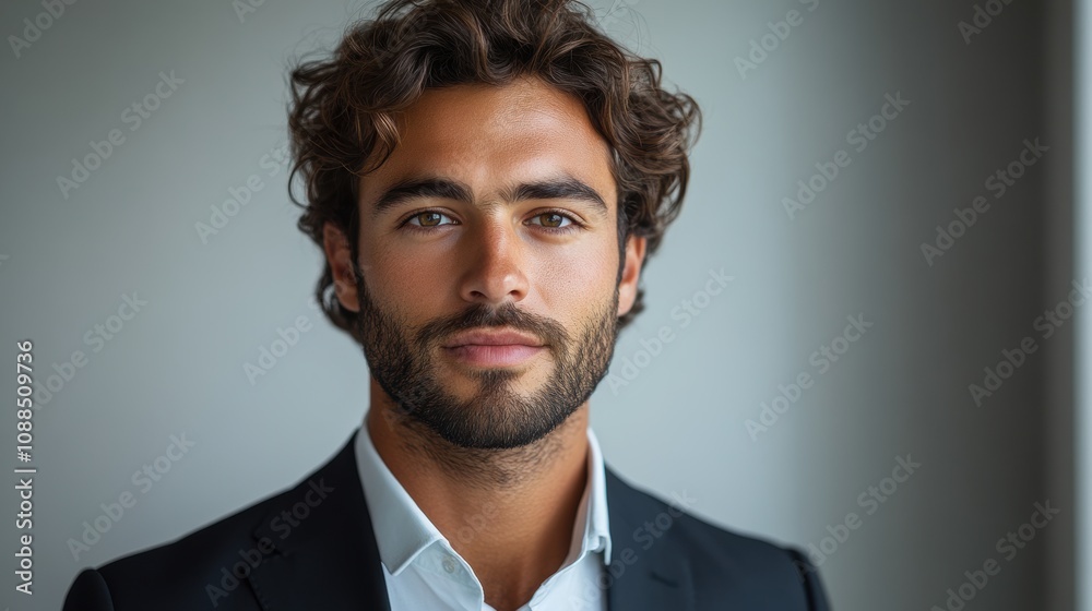 Young employee in a black suit, holding a digital tablet, looking at the camera against a white background. Young employee in a black suit, holding a digital tablet, looking at the camera against a white background.