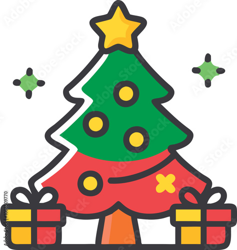 A festive Christmas tree adorned with colorful ornaments, sparkling lights, and wrapped gifts, symbolizing the joy of the holiday season