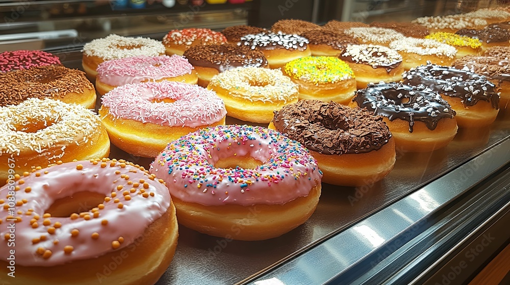 Assorted Donuts Displayed In A Glass Case Assorted Donuts Displayed In A Glass Case