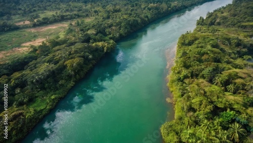 Beautiful natural scenery of river in southeast Asia tropical green forest with mountains in background, aerial view drone shot - generative ai